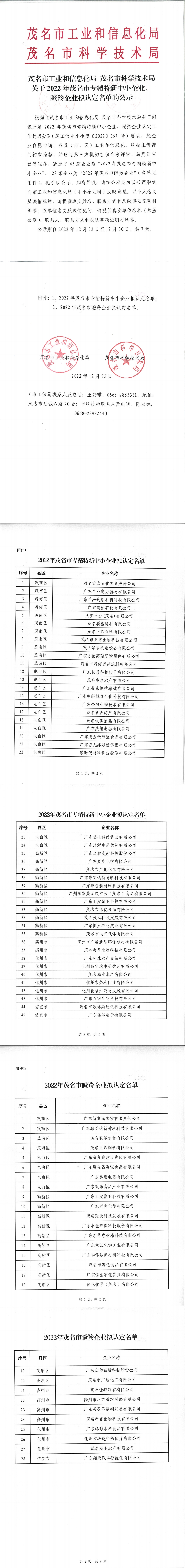 茂名市2022年專精特新中小企業(yè)、瞪羚企業(yè)擬認定名單的公示