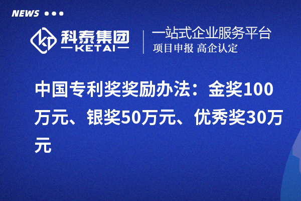 中國專利獎(jiǎng)：金獎(jiǎng)100萬元、銀獎(jiǎng)50萬元、優(yōu)秀獎(jiǎng)30萬元（省級(jí)）