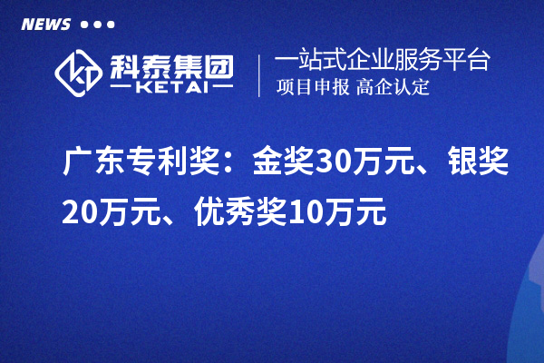 廣東專利獎：金獎30萬元、銀獎20萬元、優(yōu)秀獎10萬元（省級）