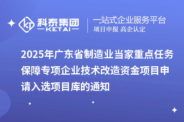 2025年廣東省制造業(yè)當家重點任務(wù)保障專項企業(yè)技術(shù)改造資金項目申請入選項目庫的通知