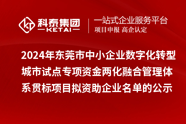 2024年東莞市中小企業(yè)數(shù)字化轉(zhuǎn)型城市試點專項資金兩化融合管理體系貫標項目擬資助企業(yè)名單的公示